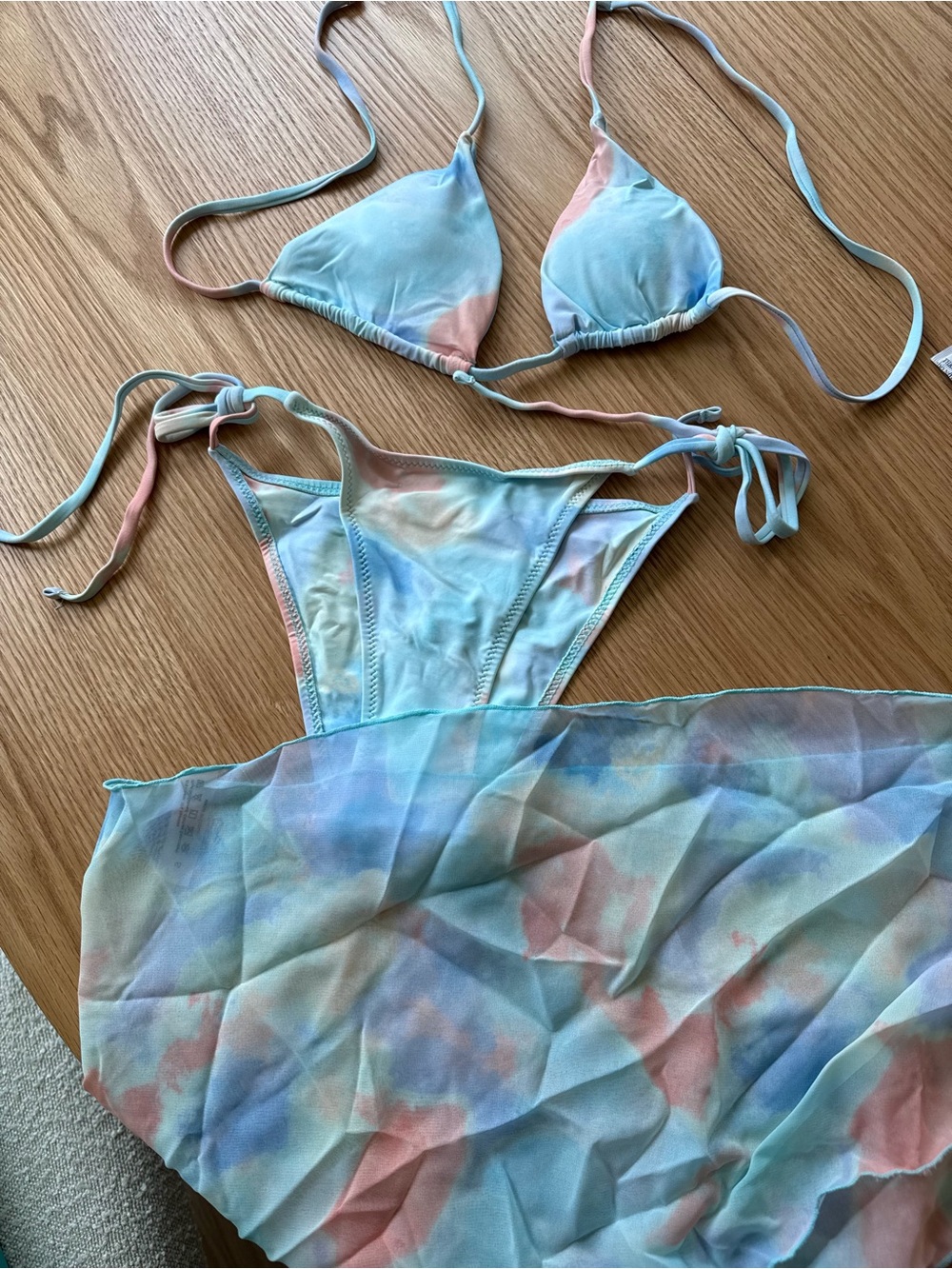 Pastel Tie-Dye Triangle Bikini Set with Sheer Sarong - Blue & Pink